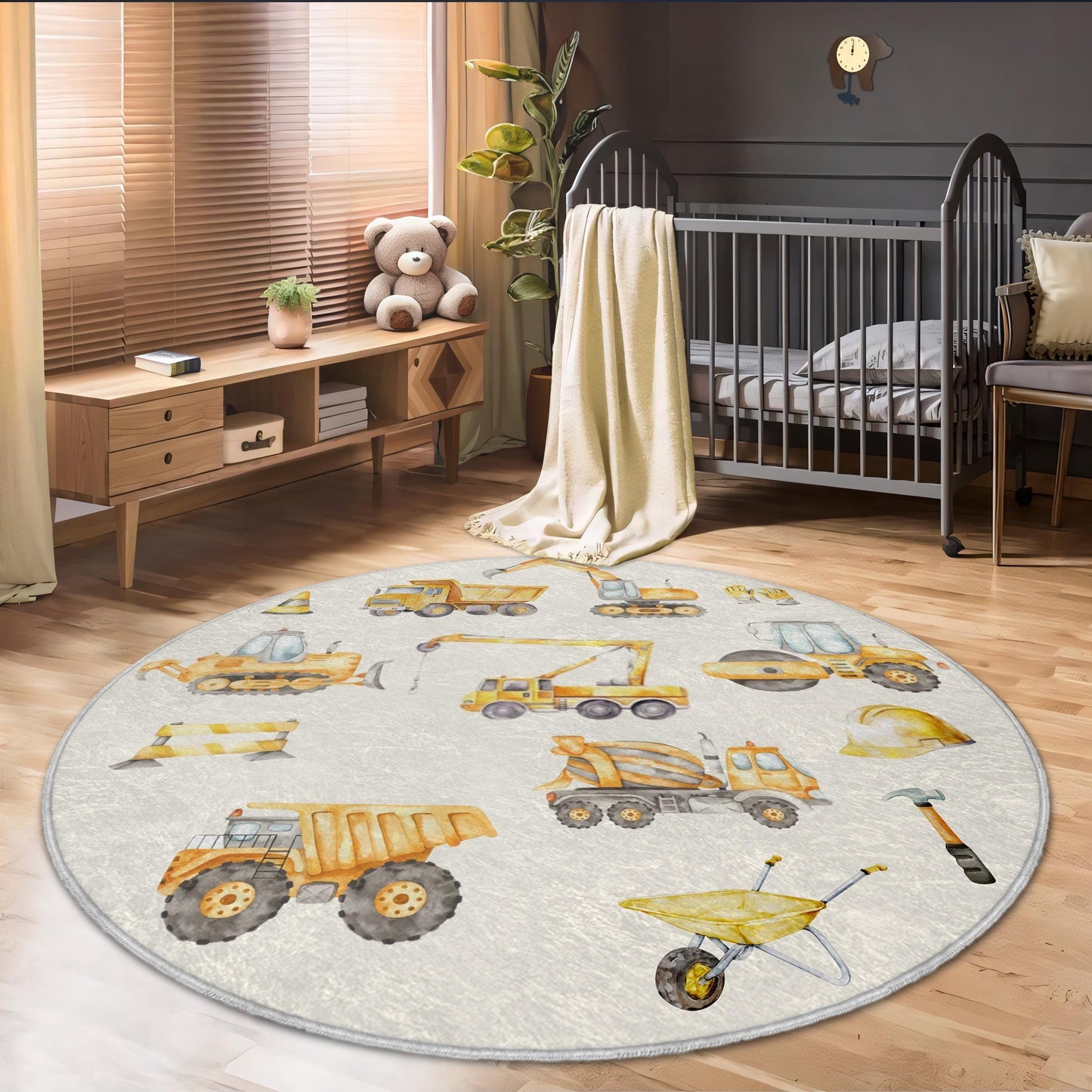 Construction Site Rug for Kids Room, Excavator Rug with Trucks, Playroom Decor Rug, Kids Construction Play Rug, Truck Themed Nursery Rug