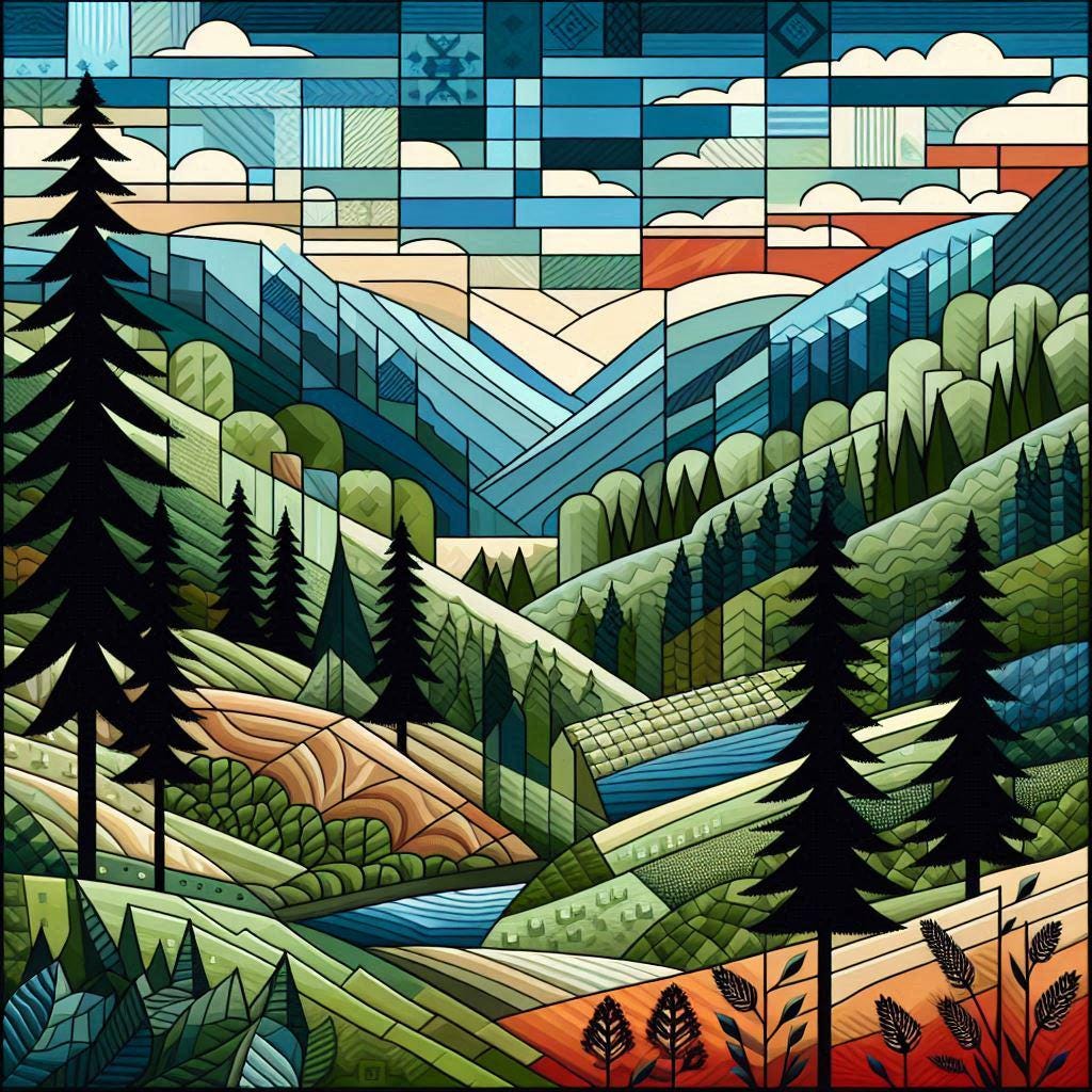 a painting of a landscape with trees and mountains