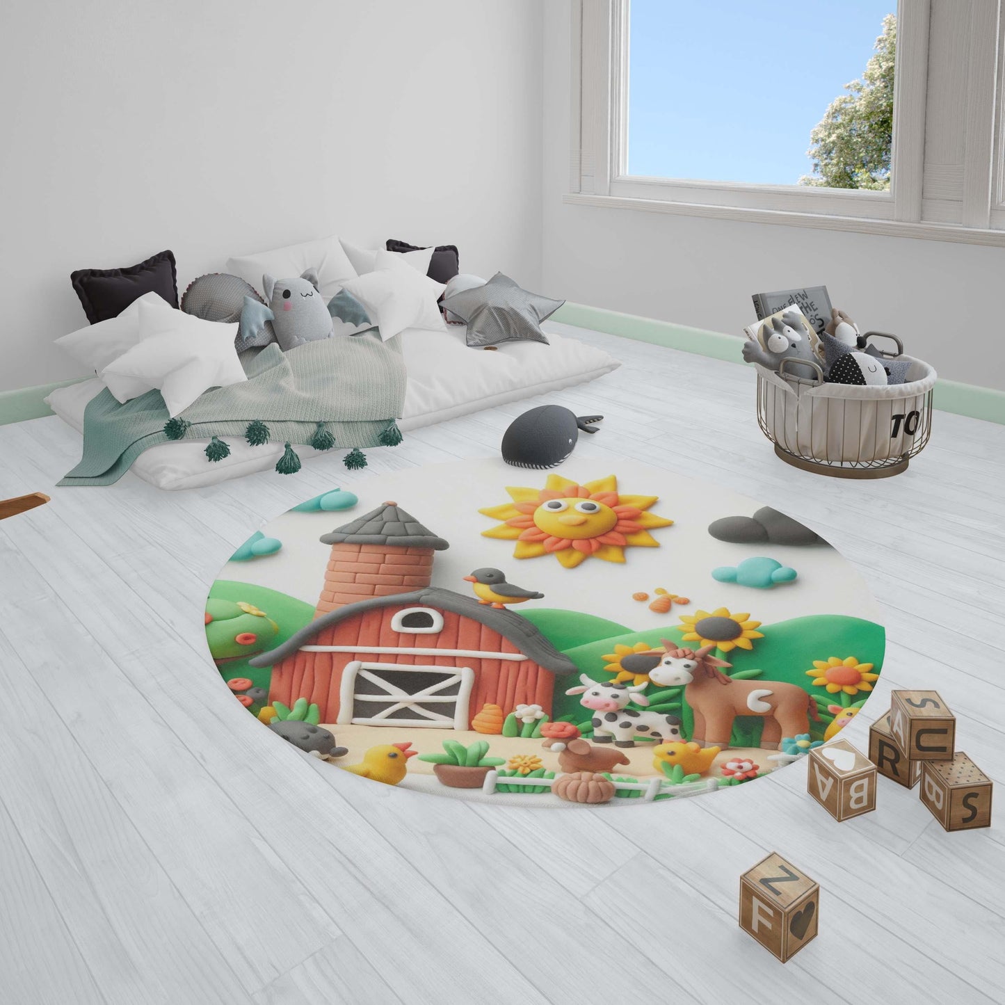 Farm Life Nursery Rug with Playful Dough Style Design - Kids Farm Animals Baby Mat - Playroom or Bedroom Decor - Cow Goat and Pig Rug