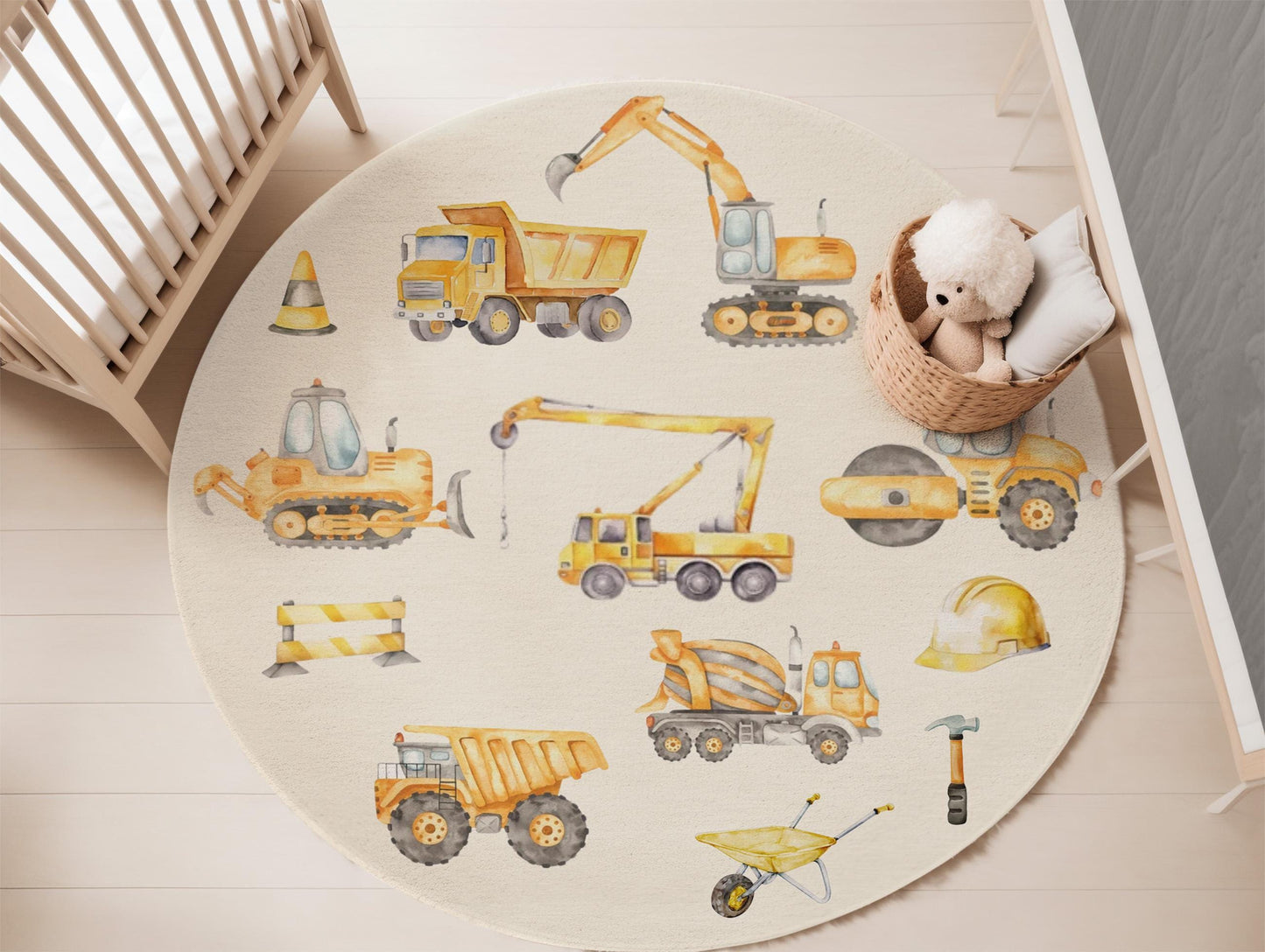 Construction Site Rug for Kids Room, Excavator Rug with Trucks, Playroom Decor Rug, Kids Construction Play Rug, Truck Themed Nursery Rug