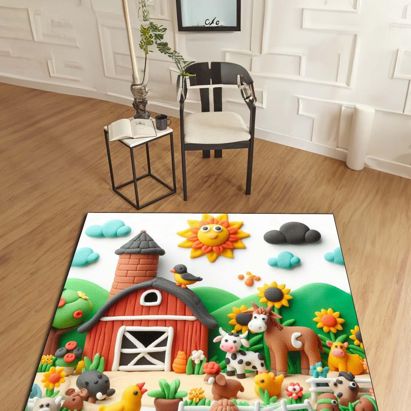 Farm Life Nursery Rug with Playful Dough Style Design - Kids Farm Animals Baby Mat - Playroom or Bedroom Decor - Cow Goat and Pig Rug