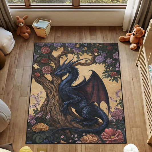 Gothic Dragon Rug | Dark Academia Decor | Fantasy Rug | Dragon and Flowers Area Rug | Gothic Home Decor | Dragon Tree of Life Rug