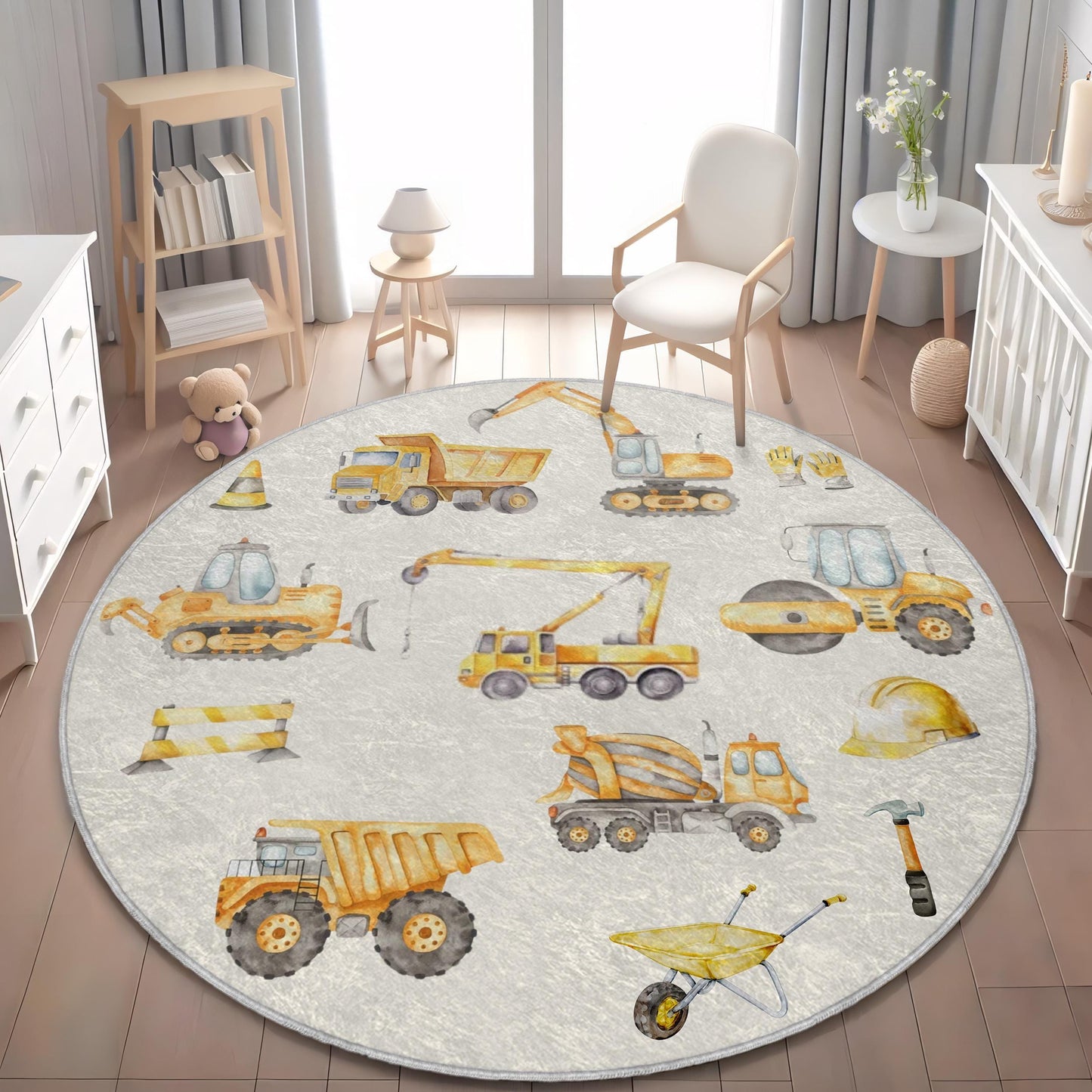 Construction Site Rug for Kids Room, Excavator Rug with Trucks, Playroom Decor Rug, Kids Construction Play Rug, Truck Themed Nursery Rug