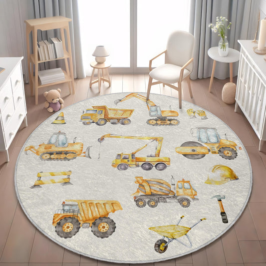 Construction Site Rug for Kids Room, Excavator Rug with Trucks, Playroom Decor Rug, Kids Construction Play Rug, Truck Themed Nursery Rug