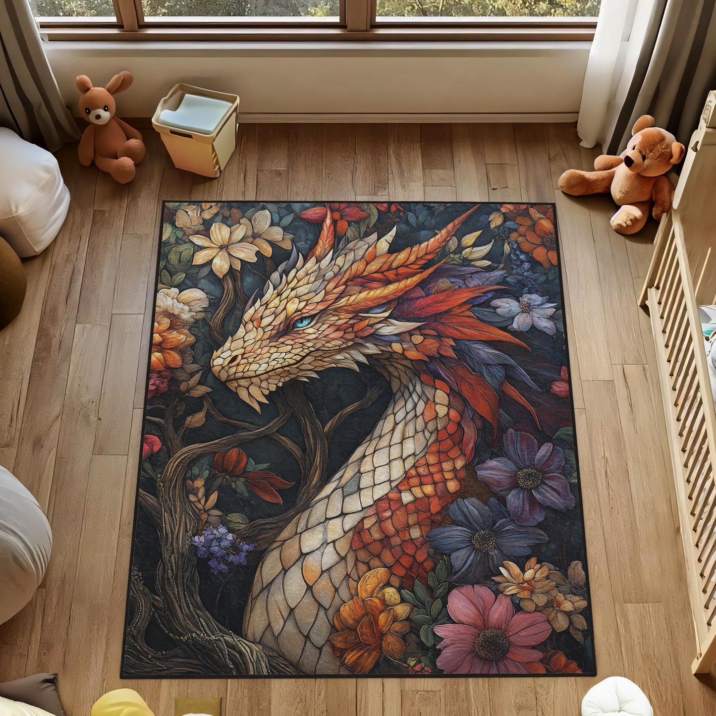 Dragon Area Rug, Floral Dragon Rug, Living Room Rug, Youth Rug, Fantasy Decor,  Red Dragon, Nature Inspired Rug, Gothic Rug, Gift for Teen