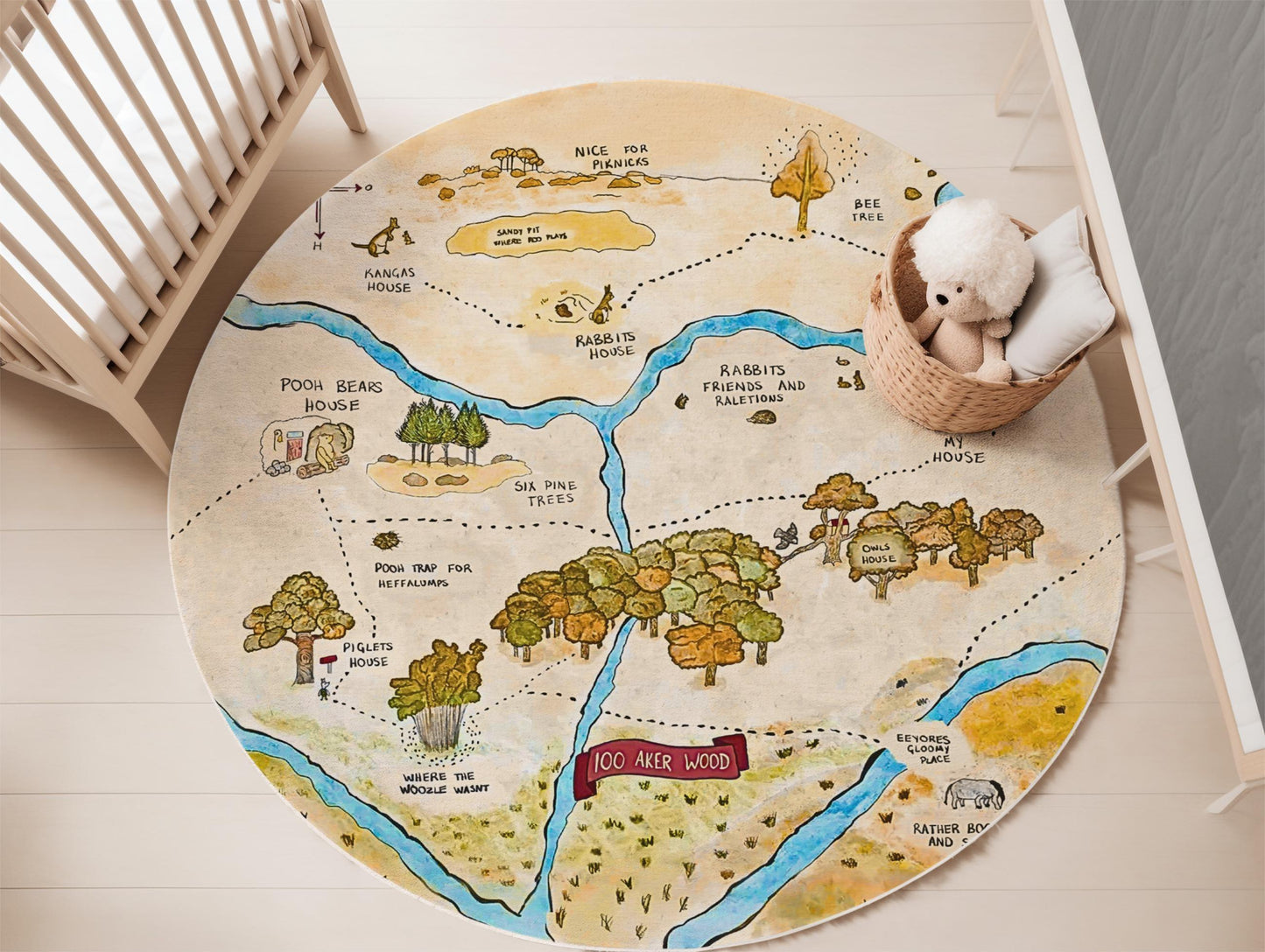 Whimsical 100 Acre Wood Rug - Winnie the Pooh Nursery Playroom Toddler Room Rug - Soft Woodland Baby Mat