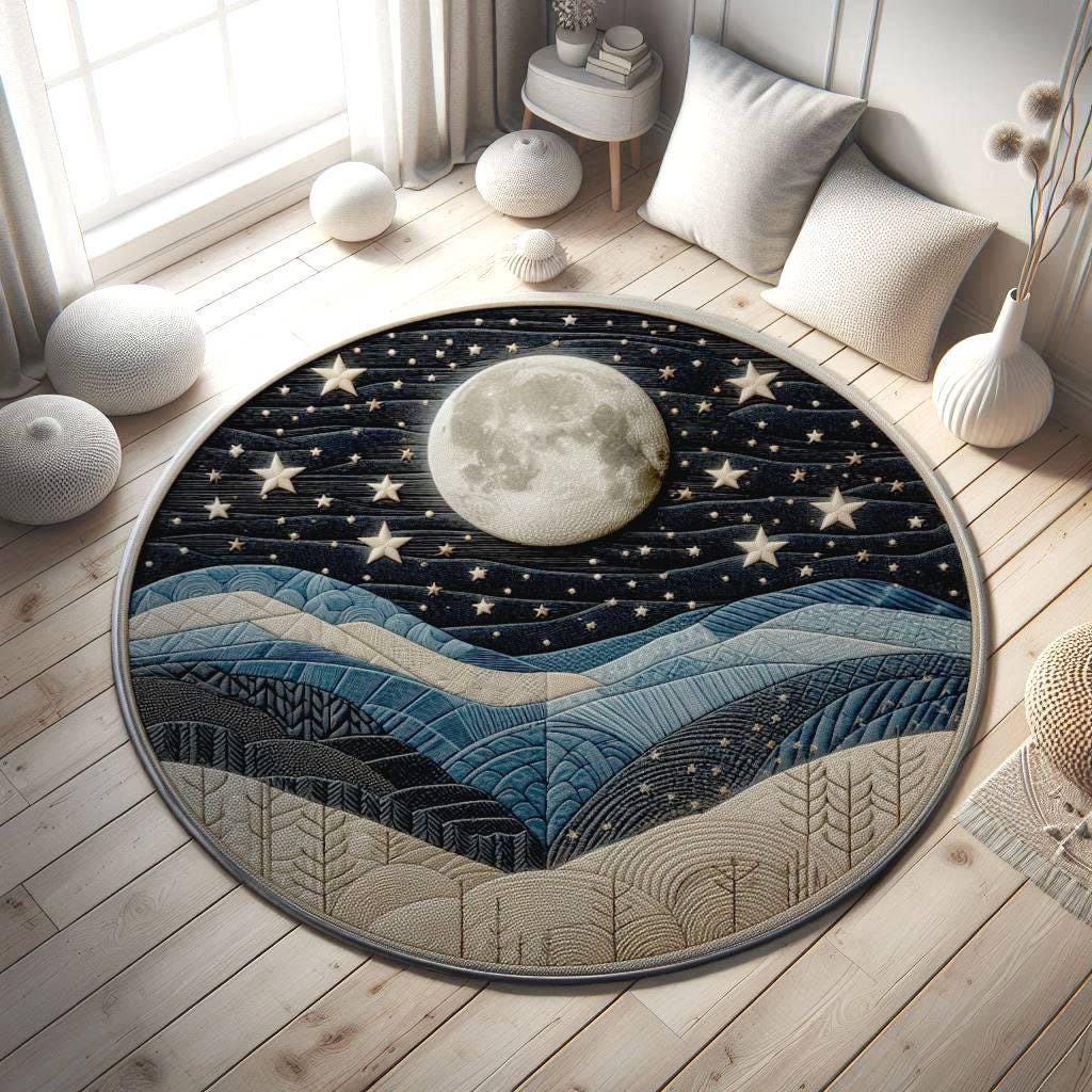 Night Sky Rug, Celestial Rug with Moon and Stars, Woodland-Inspired Area Rug, Cozy Nature Decor for Living Room or Bedroom, Gift For Her