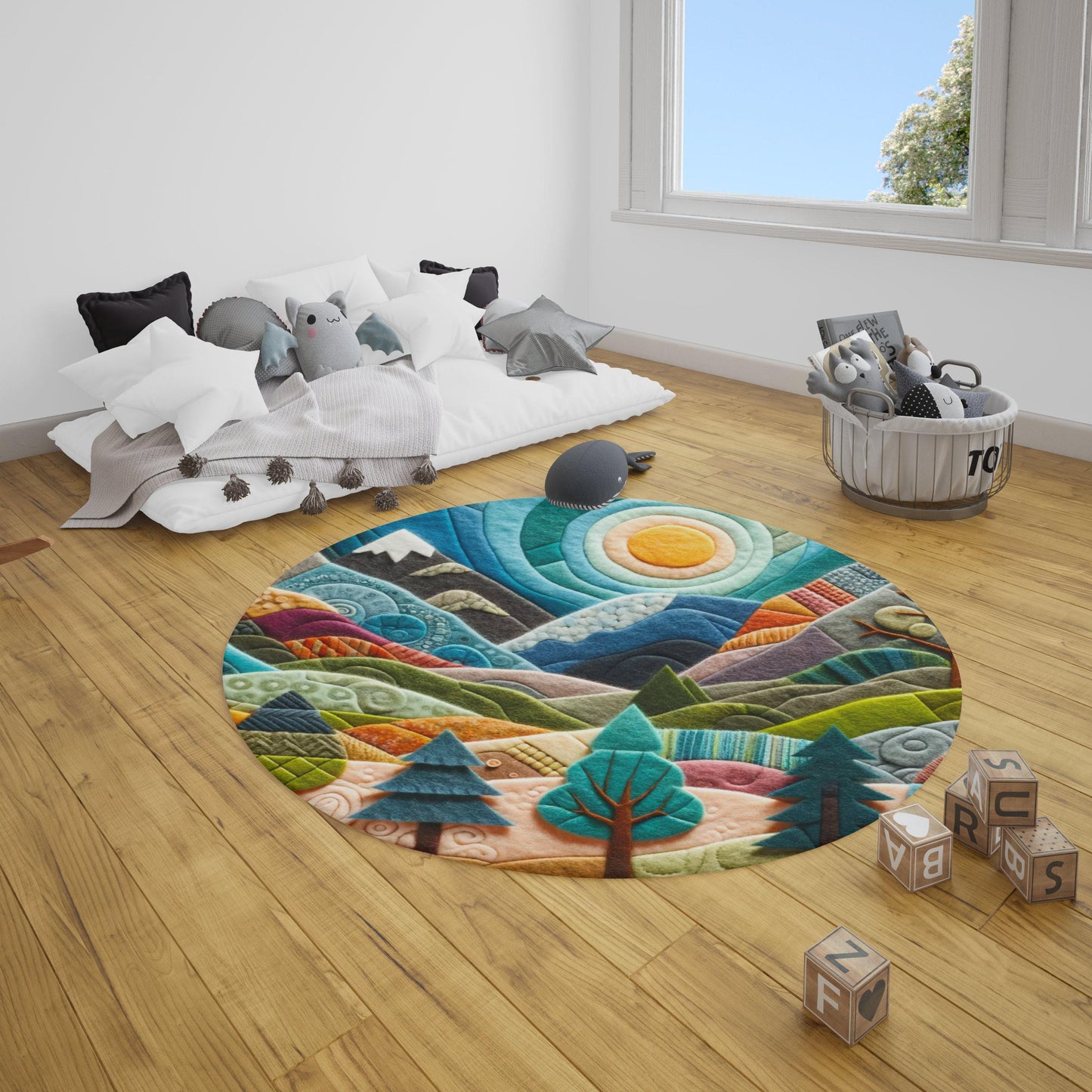 Mountain Ranges Rug, Nature Pattern Kids Nonslip Area Rug, Tree Boy Girl Rug, Playmat for Kids, Daycare Mats, Mountain Sunshine Rug