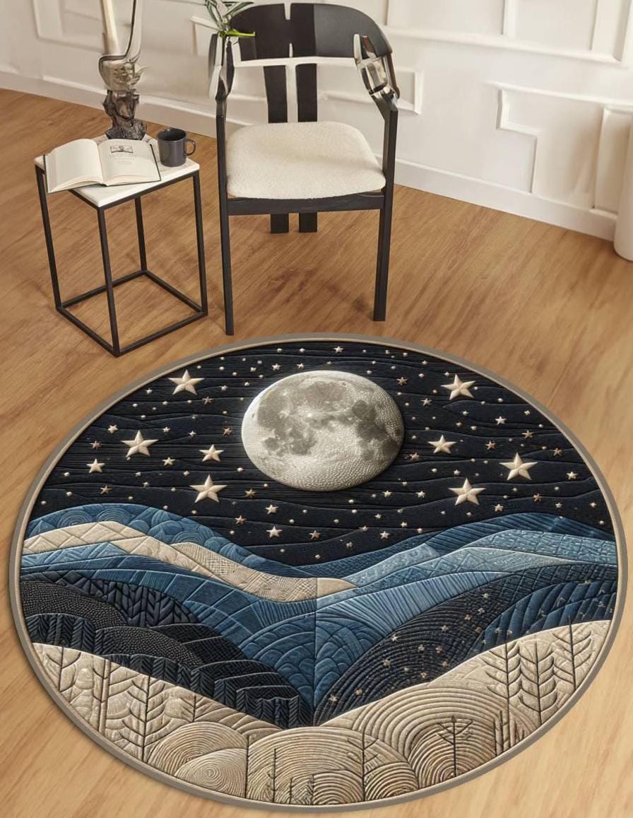 Night Sky Rug, Celestial Rug with Moon and Stars, Woodland-Inspired Area Rug, Cozy Nature Decor for Living Room or Bedroom, Gift For Her