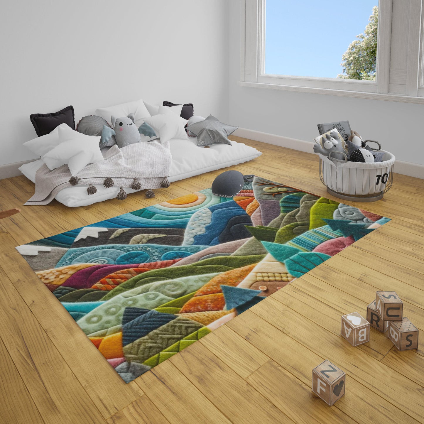 Mountain Ranges Rug, Nature Pattern Kids Nonslip Area Rug, Tree Boy Girl Rug, Playmat for Kids, Daycare Mats, Mountain Sunshine Rug