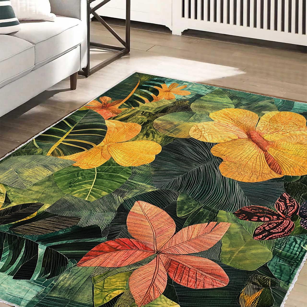 Exotic Floral Rug, Tropical Leaves Carpet, Green Botanical Area Rug, Modern Art Rug, Green Tones Rug, Flowers Colorful Rug, living room rug