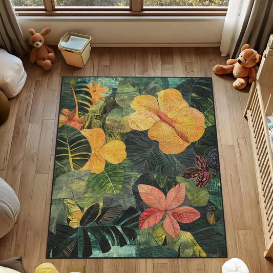 Exotic Floral Rug, Tropical Leaves Carpet, Green Botanical Area Rug, Modern Art Rug, Green Tones Rug, Flowers Colorful Rug, living room rug