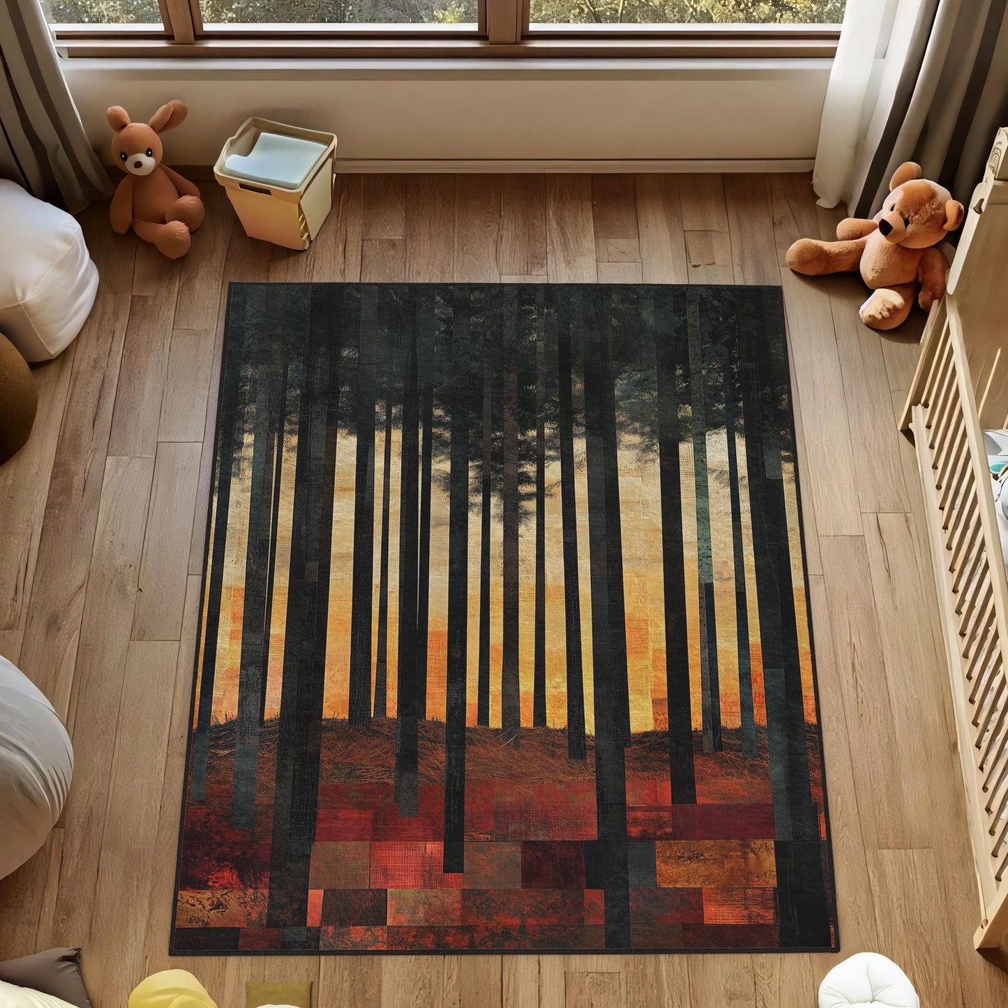 Enchanted Forest Rug, Woodland Long Trees Carpet, Trees Rug, Landscape Floor Decor, Sunset Forest Rug, Woodland Nursery rug, Living room Rug