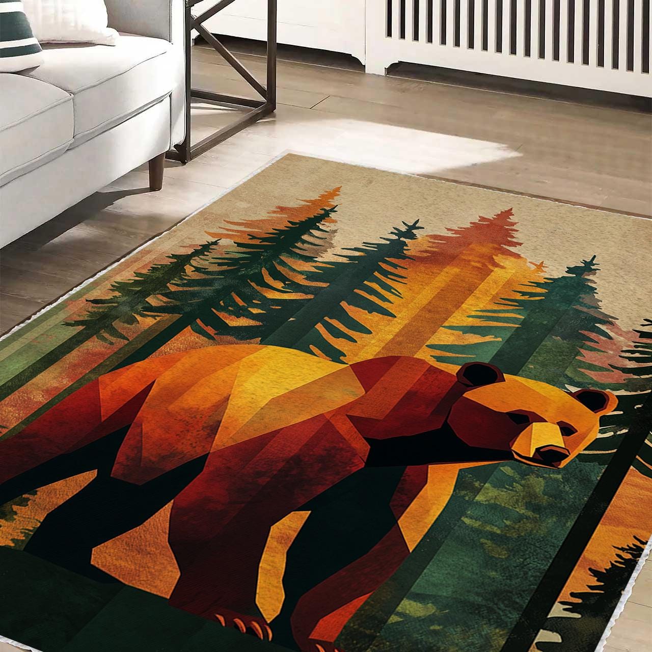 Bear Rug, Woodland Bear Carpet, Geometric Bear Area Rug, Forest Animal Floor Decor, Modern Cabin Decor, Woodland Bear Rug, Woodland Rug